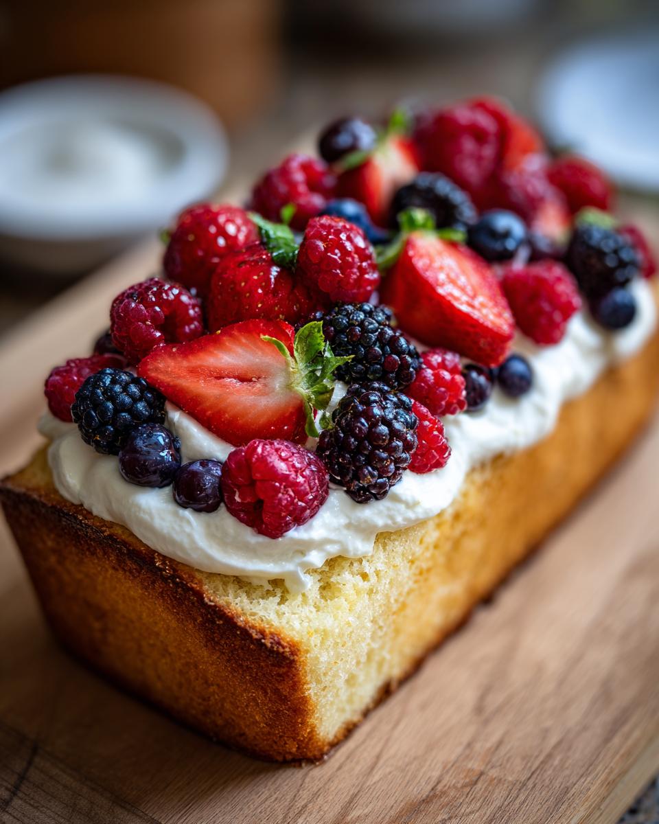 A loaf of pound cake topped with whipped cream and fresh mixed berries, perfect for Fourth of July desserts.