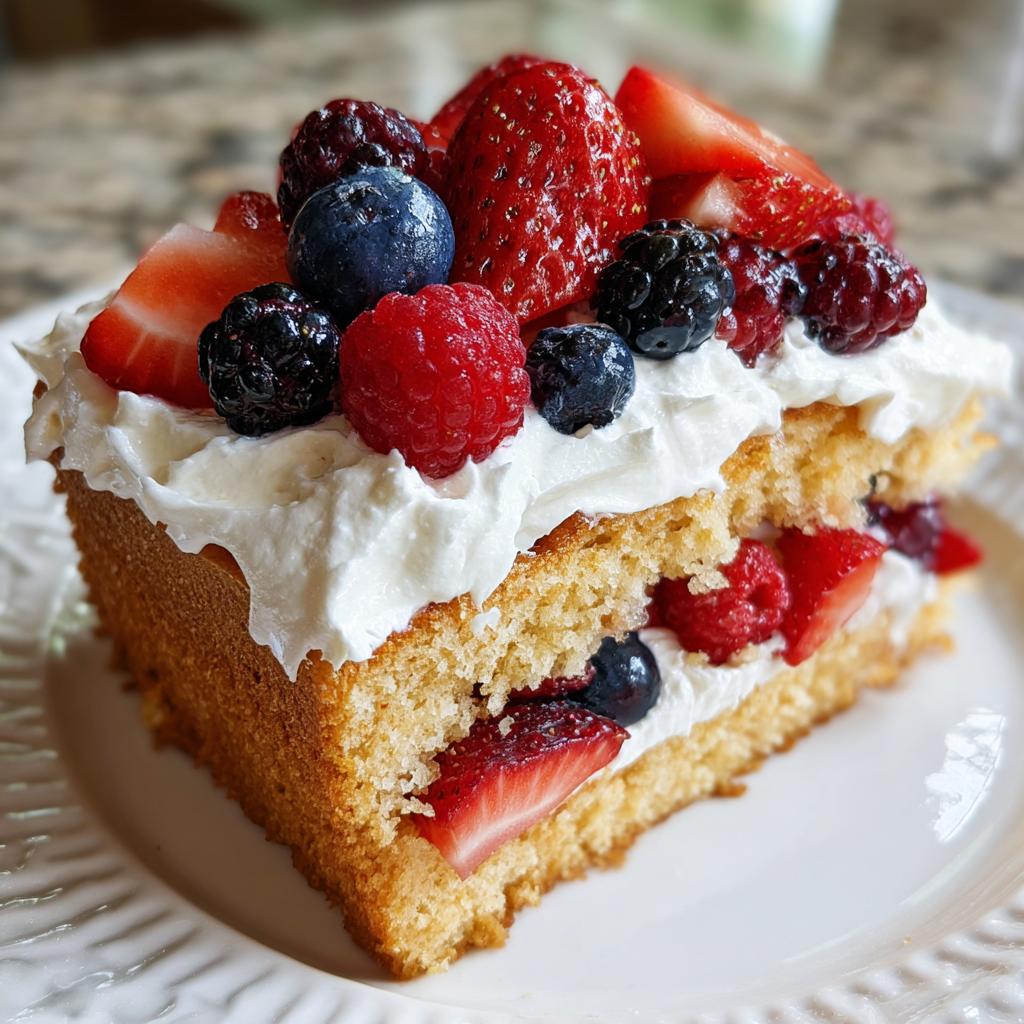 A slice of pound cake layered with whipped cream and fresh berries, perfect for Fourth of July desserts.