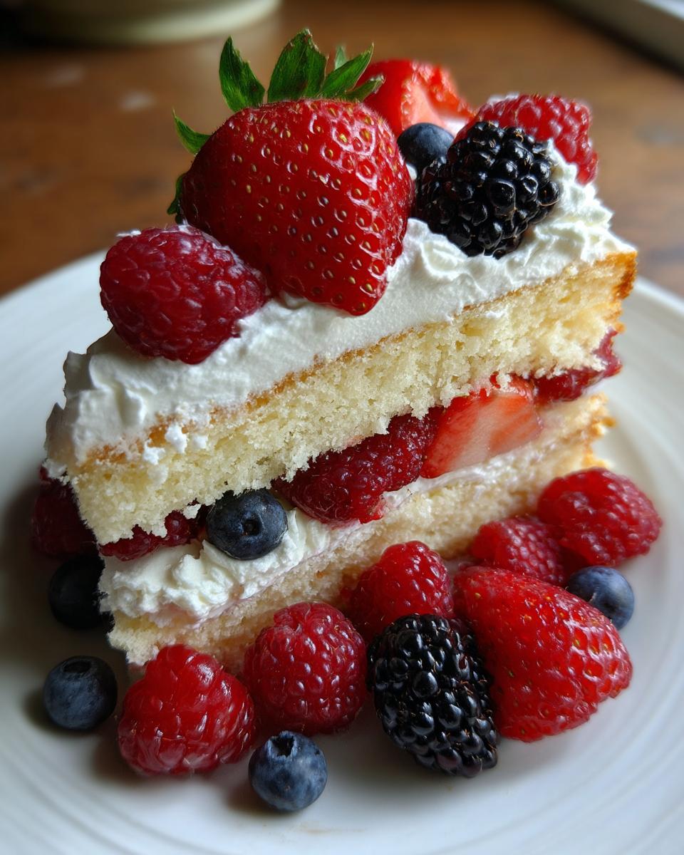 A slice of pound cake turned berry shortcake, layered with whipped cream and fresh strawberries, raspberries, blueberries, and blackberries.
