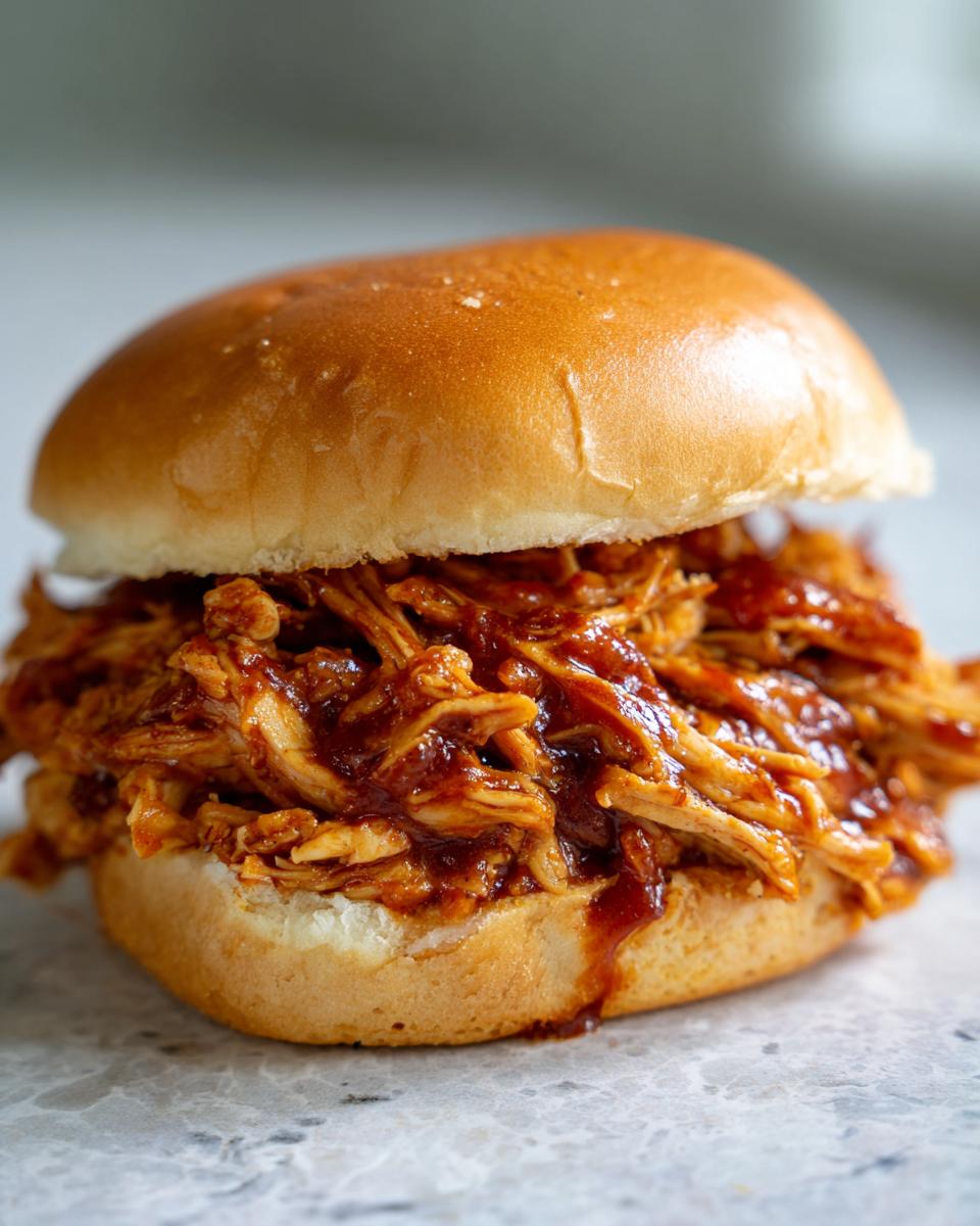 Close-up of a delicious pulled BBQ chicken sandwich on a bun, made with slow cooker recipes.