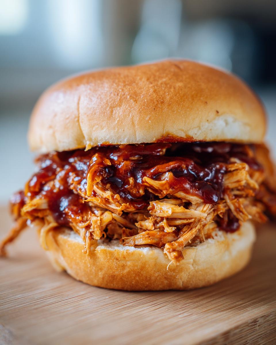 A delicious pulled BBQ chicken sandwich, showcasing shredded chicken coated in BBQ sauce on a bun.