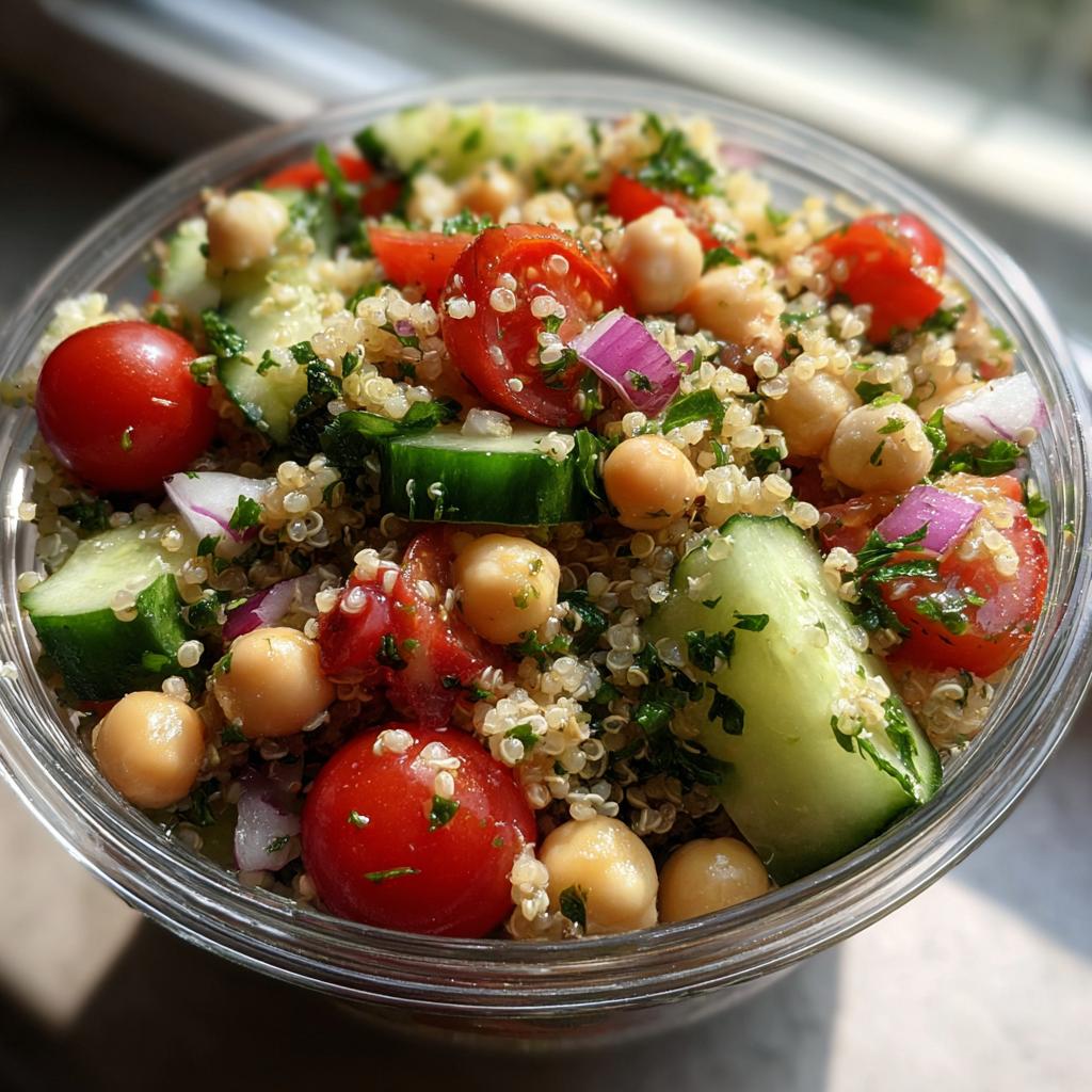 A vibrant Quinoa Chickpea Salad with cherry tomatoes, cucumber, red onion, and fresh herbs in a clear container.