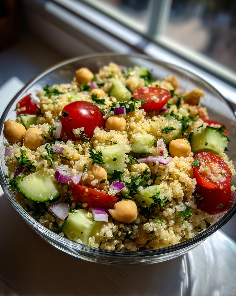 A close-up of a vibrant Quinoa Chickpea Salad with cherry tomatoes, cucumber, red onion, and parsley in a glass bowl.
