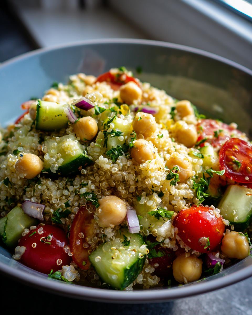 A close-up of a vibrant Quinoa Chickpea Salad, featuring quinoa, chickpeas, cucumber, tomatoes, and red onion.