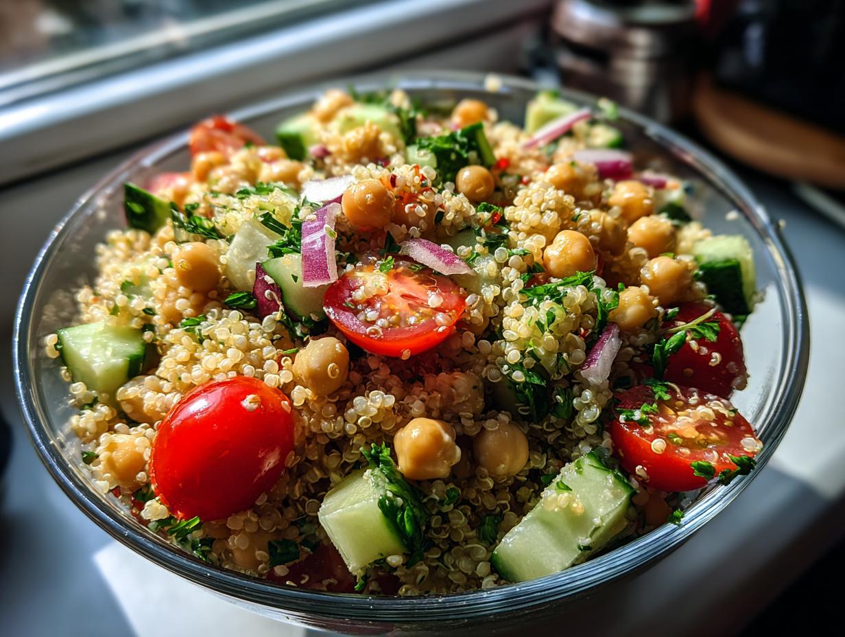 A vibrant Quinoa Chickpea Salad in a glass bowl, featuring quinoa, chickpeas, cucumber, tomatoes, and red onion.
