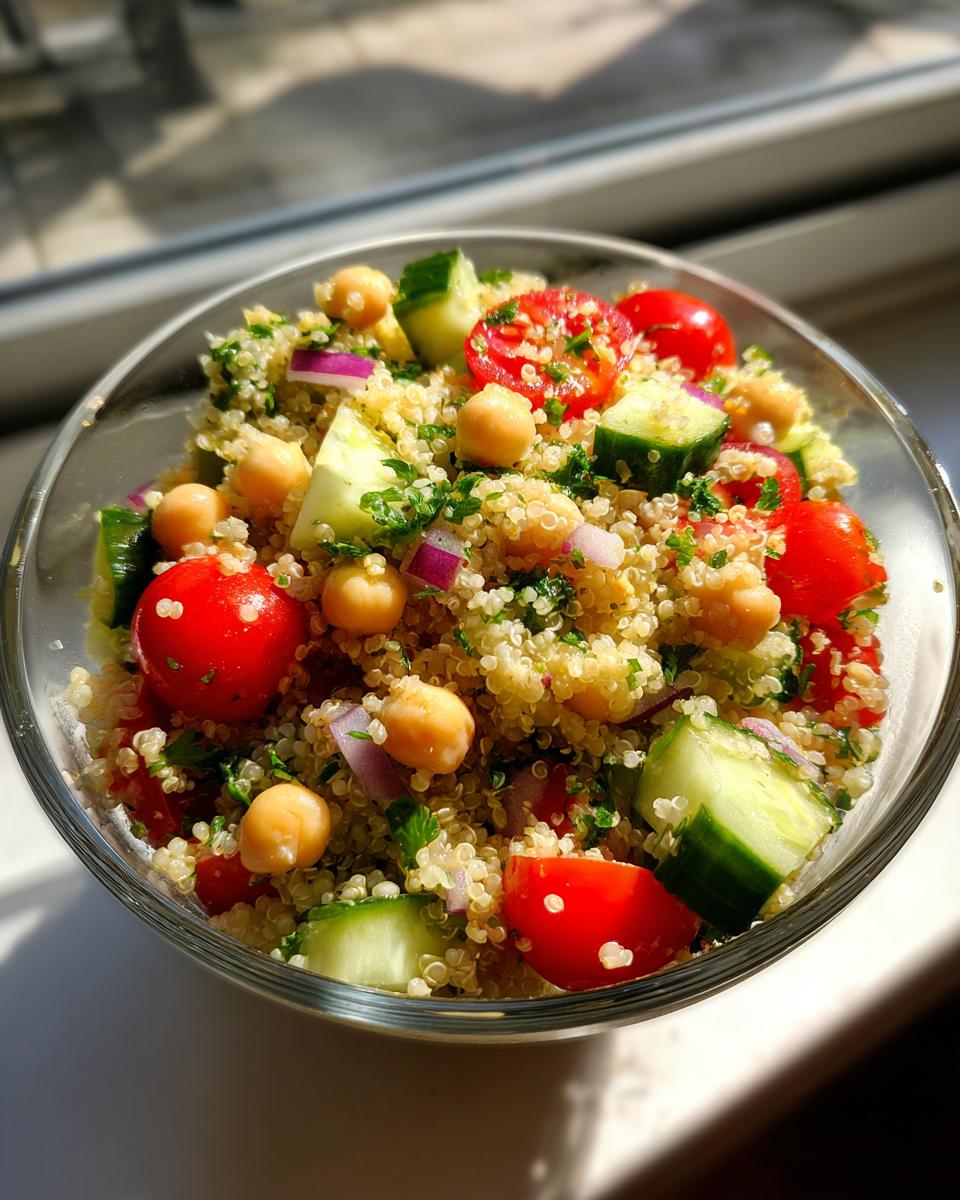 A vibrant bowl of Quinoa Chickpea Salad with cherry tomatoes, cucumber, red onion, and fresh parsley.