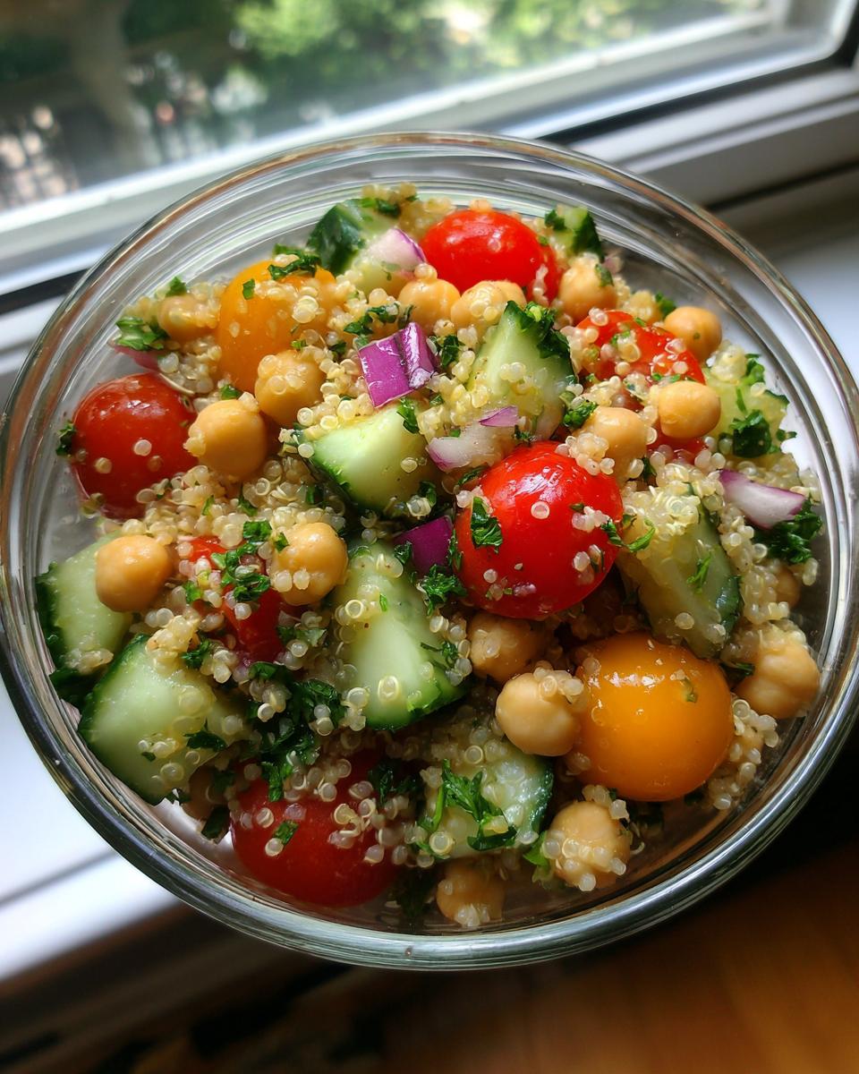 A refreshing Quinoa Chickpea Salad with cherry tomatoes, cucumber, red onion, and parsley in a glass jar.