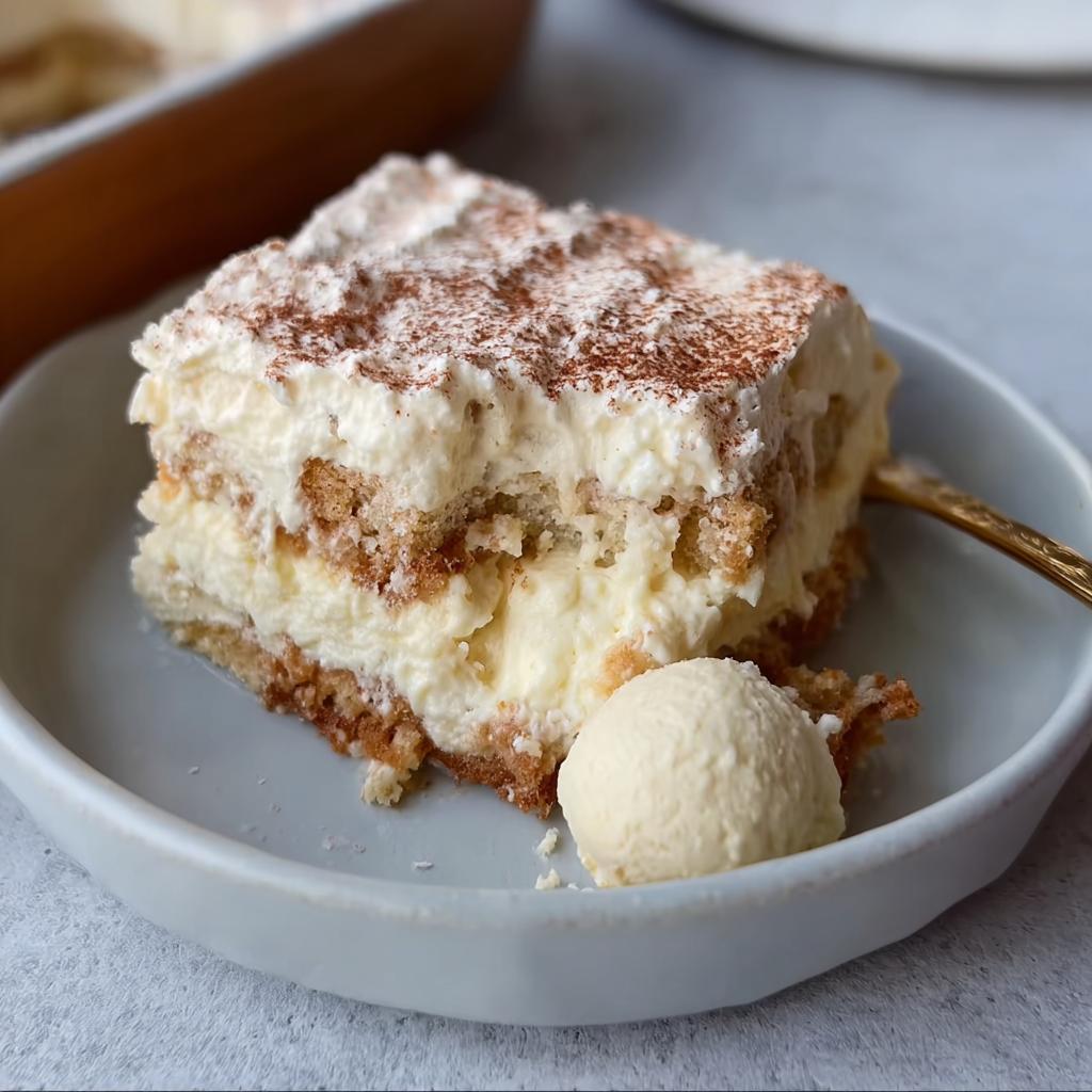 A delicious slice of Raffaello Tiramisu schnell ohne Backen, layered with cream and ladyfingers, served with a scoop of ice cream.