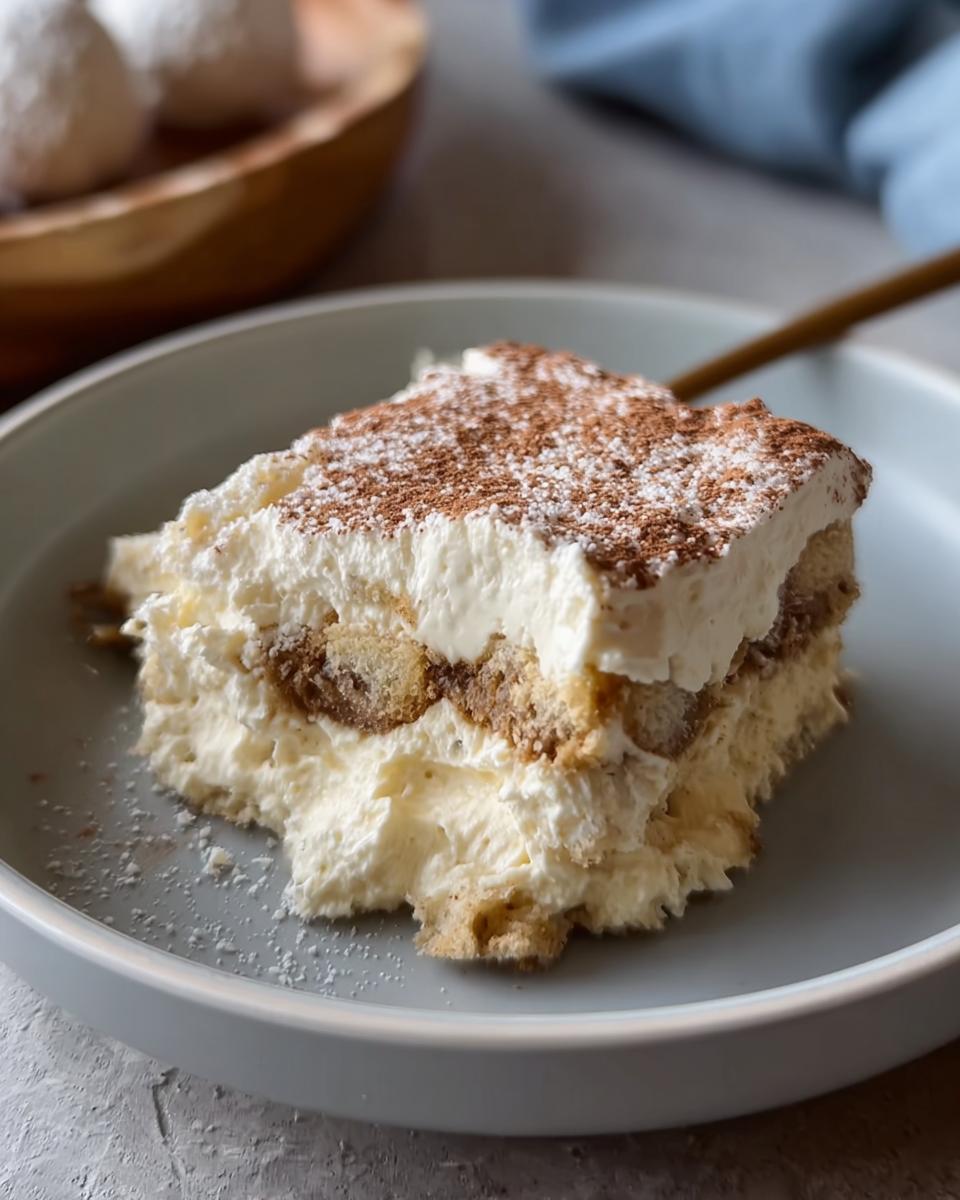 A delicious slice of Raffaello Tiramisu schnell ohne Backen, dusted with cocoa powder, on a grey plate.