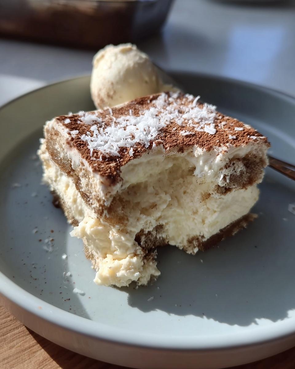 A delicious slice of Raffaello Tiramisu schnell ohne Backen, topped with cocoa powder and shredded coconut, served with a scoop of ice cream.