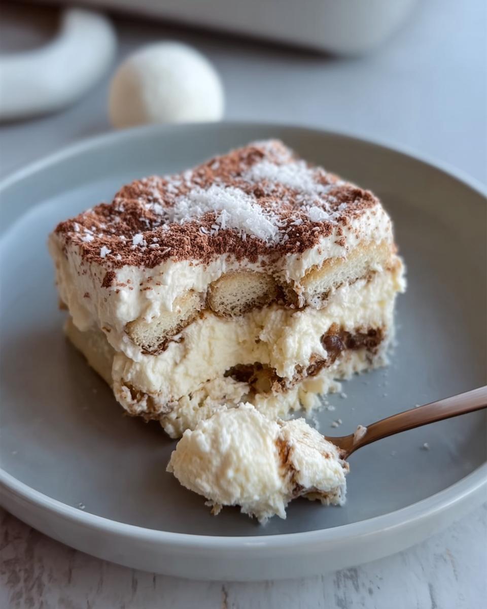 A slice of Raffaello Tiramisu schnell ohne Backen on a grey plate, topped with cocoa powder and coconut flakes.