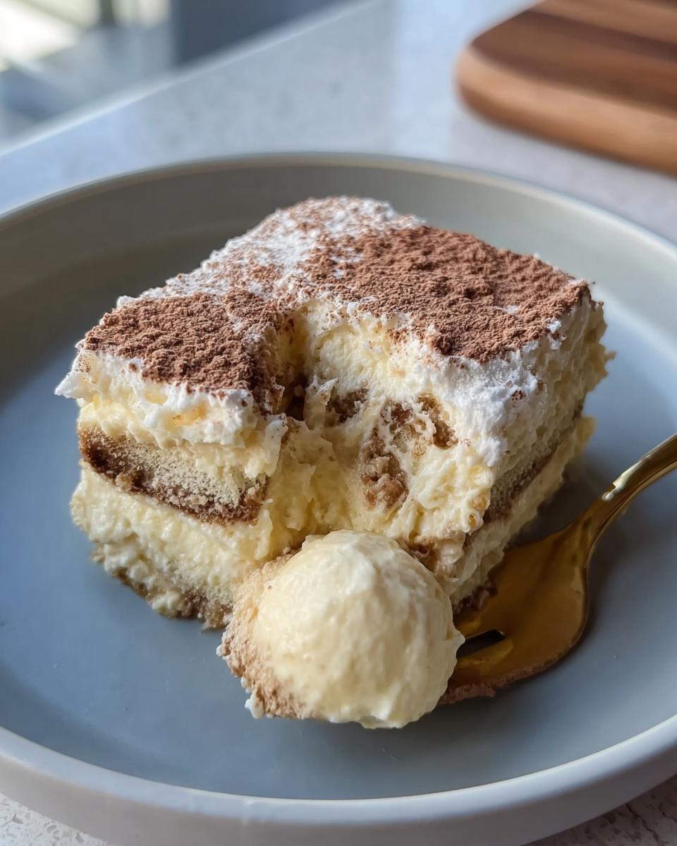 A slice of Raffaello Tiramisu schnell ohne Backen, dusted with cocoa powder, on a plate with a golden fork.
