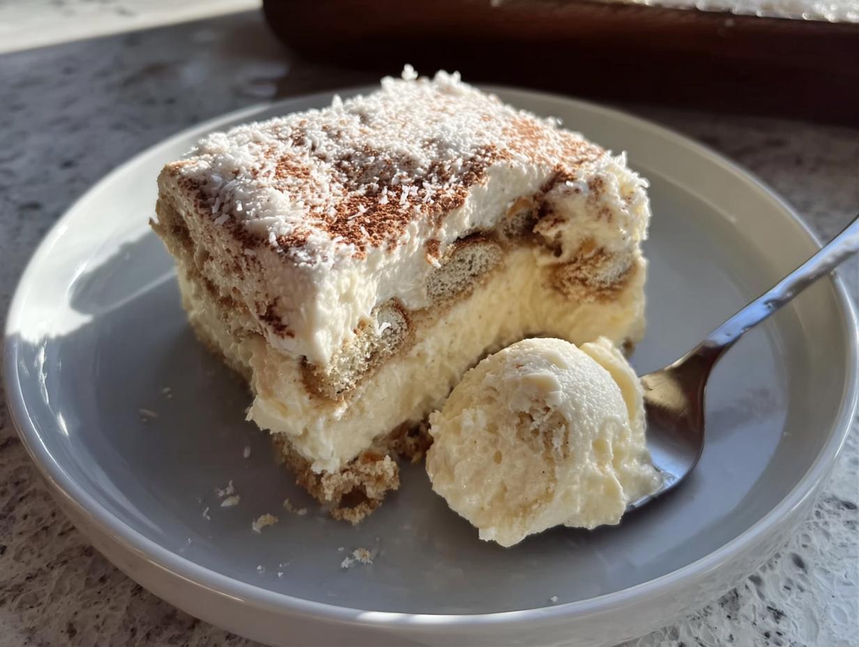 A slice of no-bake Raffaello Tiramisu schnell ohne Backen on a plate, with a spoonful of cream.