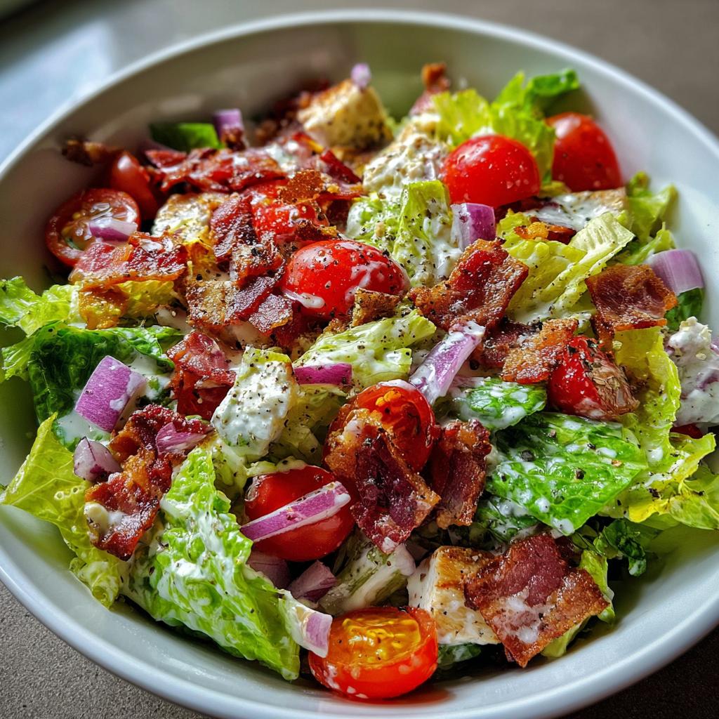 A delicious bowl of Ranch BLT Salad with crisp lettuce, cherry tomatoes, bacon, red onion, and creamy ranch dressing.