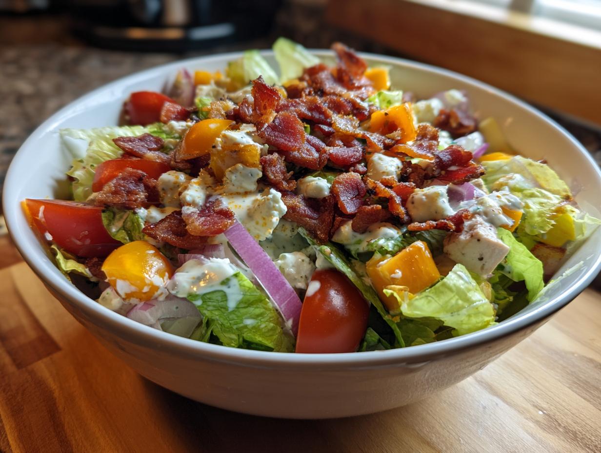 A refreshing Ranch BLT Salad featuring crisp lettuce, tomatoes, bacon, red onion, and creamy dressing.