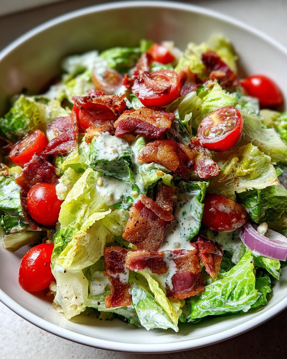 A close-up of a refreshing Ranch BLT Summer Salad with crisp lettuce, cherry tomatoes, bacon, and creamy dressing.