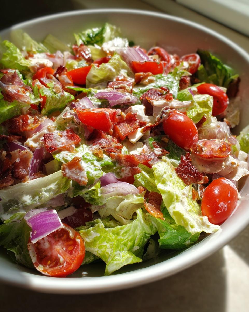 A refreshing Ranch BLT Summer Salad with crisp lettuce, tomatoes, red onion, and bacon, tossed in creamy dressing.
