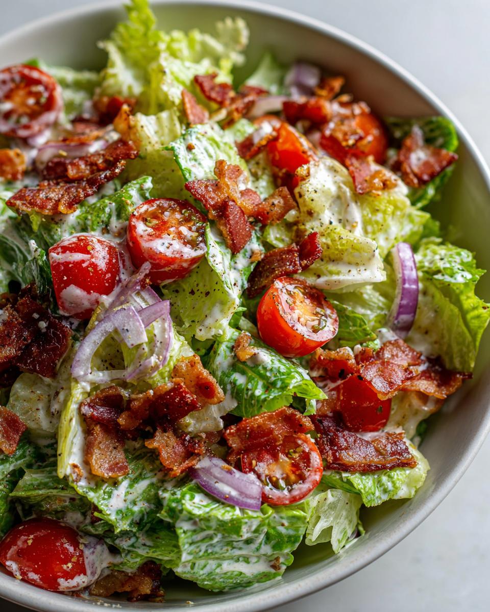 A close-up of a refreshing Ranch BLT Summer Salad with crisp lettuce, cherry tomatoes, bacon, and red onion.