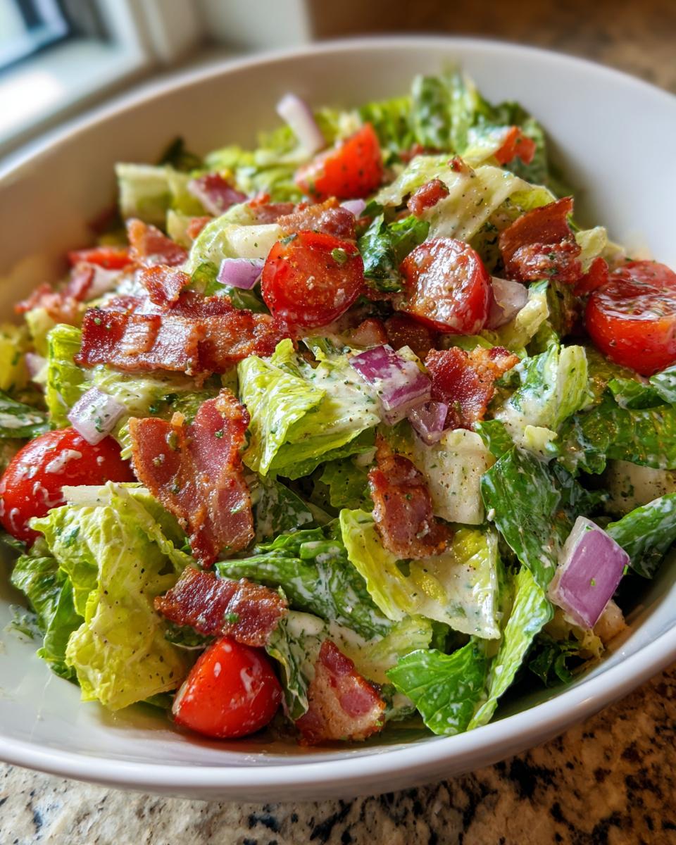 A close-up of a crisp Ranch BLT Summer Salad with lettuce, cherry tomatoes, bacon, and red onion, tossed in creamy ranch dressing.