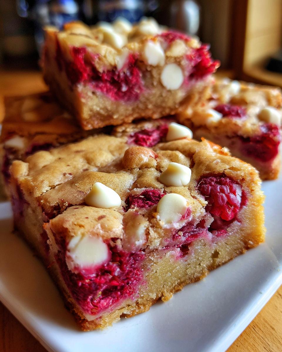 Close-up of raspberry white chocolate blondies, showing chunks of white chocolate and fresh raspberries baked into a golden blondie.