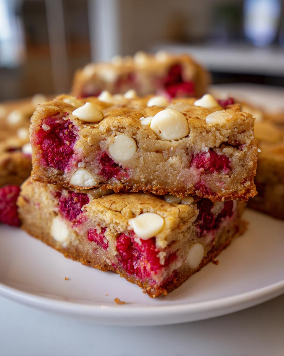 Stack of delicious raspberry white chocolate blondies, showcasing fresh raspberries and white chocolate chips.