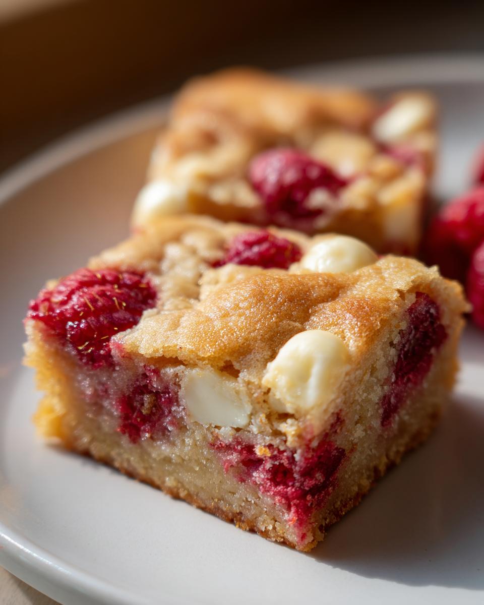 Close-up of two Raspberry White Chocolate Blondies on a white plate, showing chunks of white chocolate and fresh raspberries.
