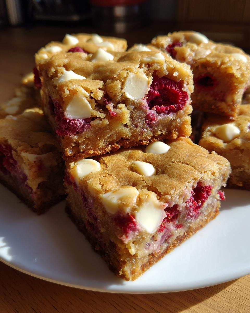 Close-up of delicious Raspberry White Chocolate Blondies, showcasing chunks of white chocolate and fresh raspberries.