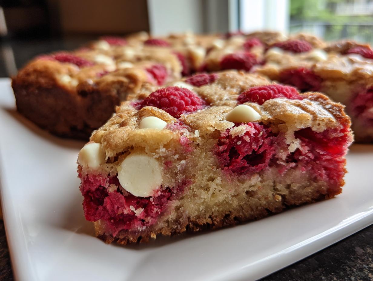 Close-up of a slice of raspberry white chocolate blondies, showing fresh raspberries and white chocolate chips.