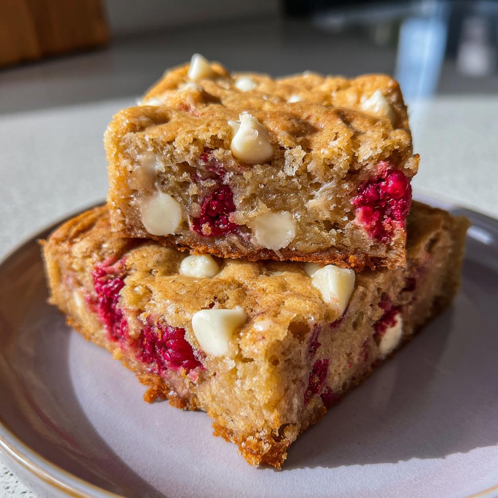 Two raspberry white chocolate blondies stacked on a plate, showcasing chunks of white chocolate and fresh raspberries.