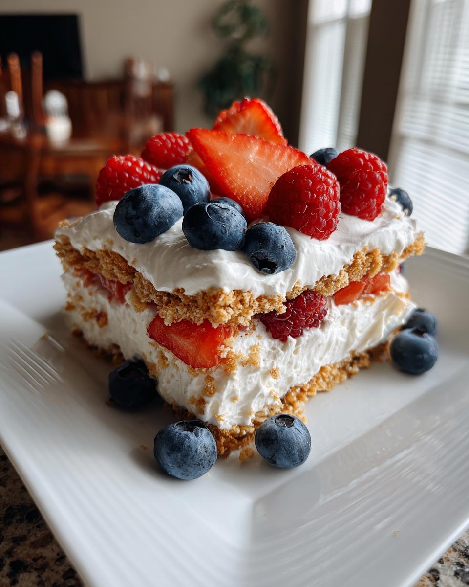 A slice of Red White Blue Icebox Cake topped with fresh strawberries, blueberries, and raspberries.