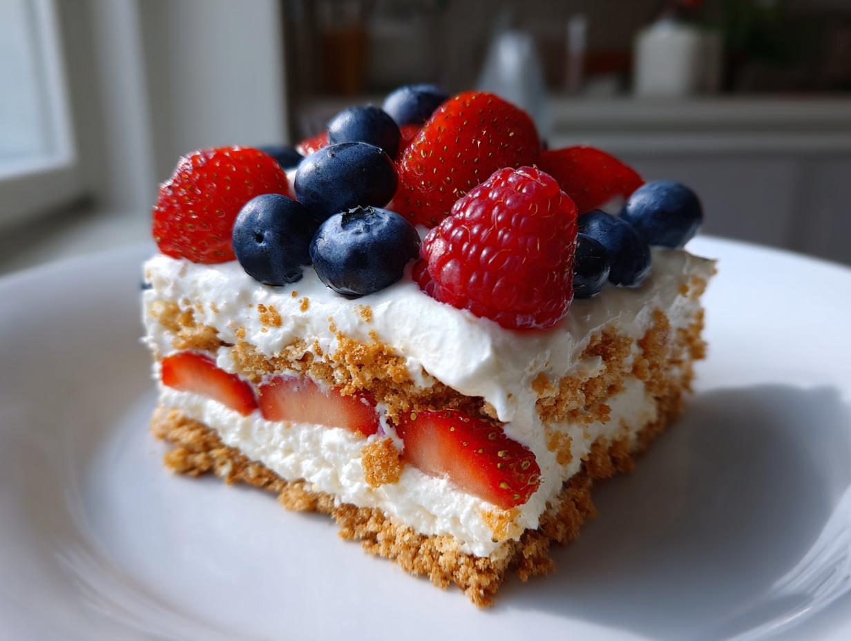 A slice of Red White Blue Icebox Cake topped with fresh strawberries, blueberries, and raspberries.