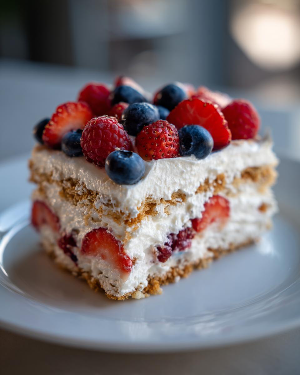 A slice of Red White Blue Icebox Cake topped with fresh strawberries, raspberries, and blueberries.