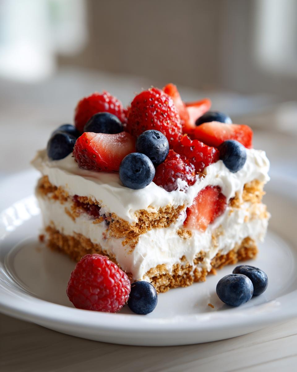 A slice of Red White Blue Icebox Cake topped with fresh strawberries, blueberries, and raspberries.
