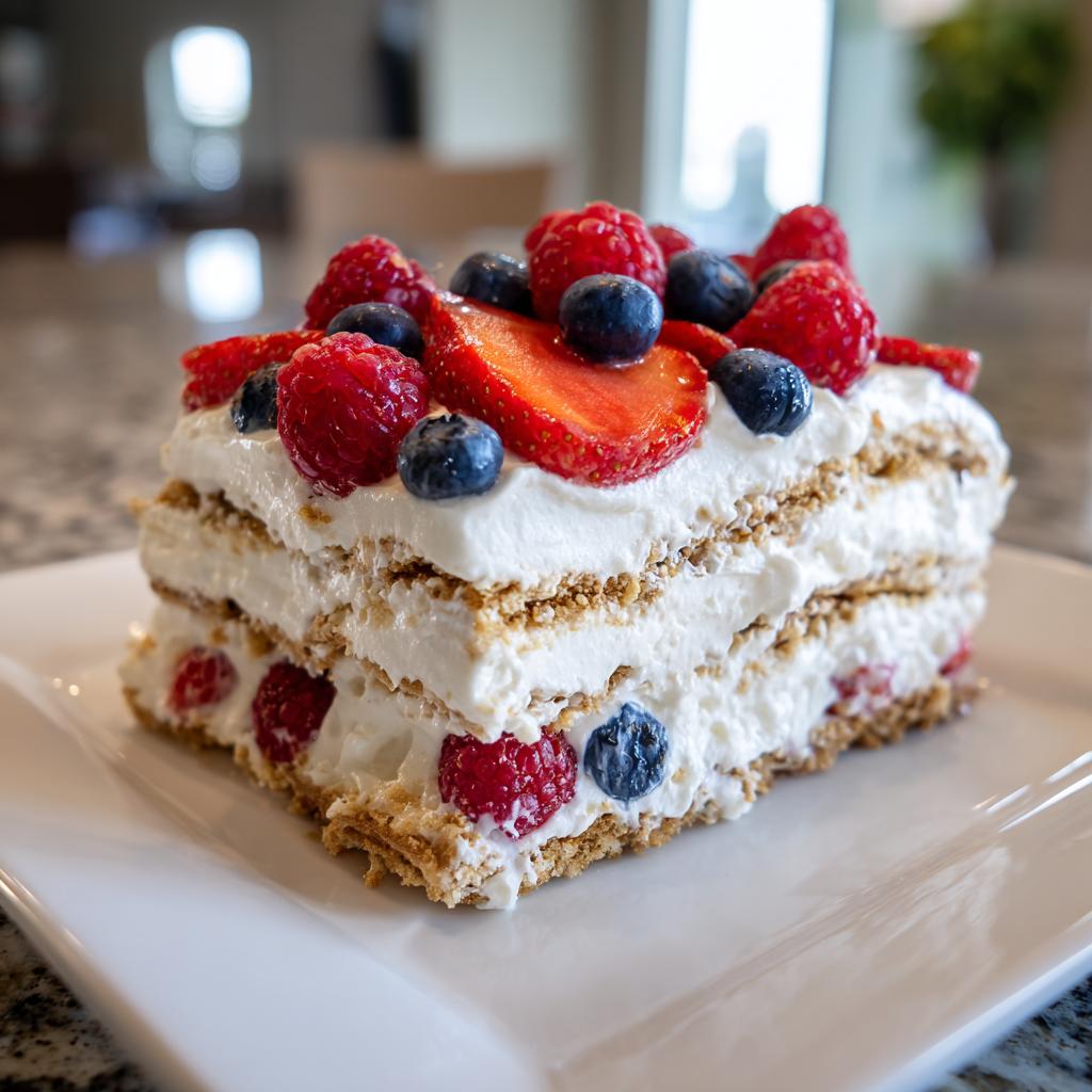 A slice of Red White Blue Icebox Cake topped with fresh strawberries, blueberries, and raspberries.