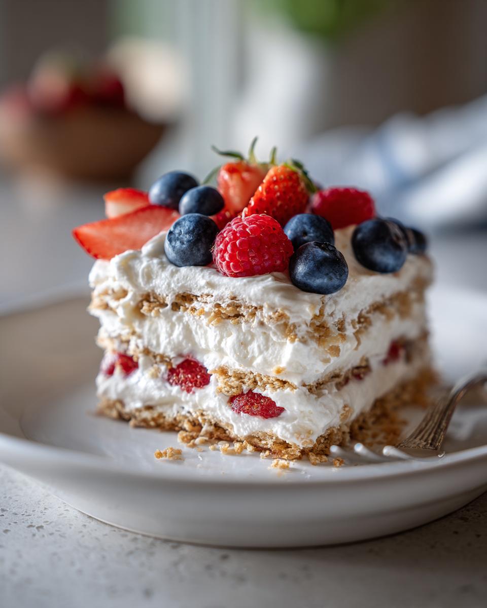A slice of red white blue icebox cake, layered with whipped cream, graham crackers, and fresh berries like strawberries and blueberries.