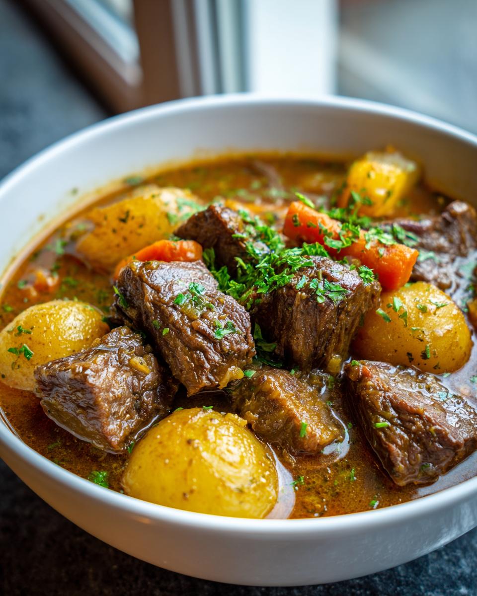 Close-up of a bowl of rich beef stew featuring tender beef chunks, potatoes, carrots, and fresh parsley.