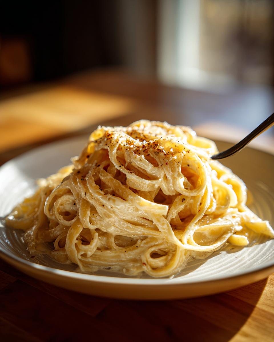 A close-up of creamy fettuccine Alfredo pasta, made with roasted garlic, on a white plate, with a fork twirling some noodles.