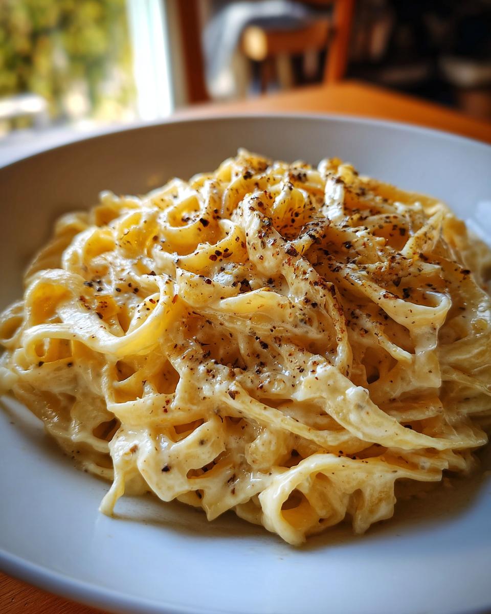 Close-up of creamy fettuccine pasta coated in roasted garlic alfredo sauce, topped with cracked black pepper.