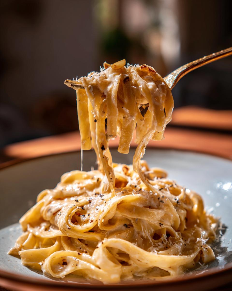 A fork lifting a swirl of fettuccine pasta coated in creamy Roasted Garlic Alfredo sauce, sprinkled with Parmesan cheese.