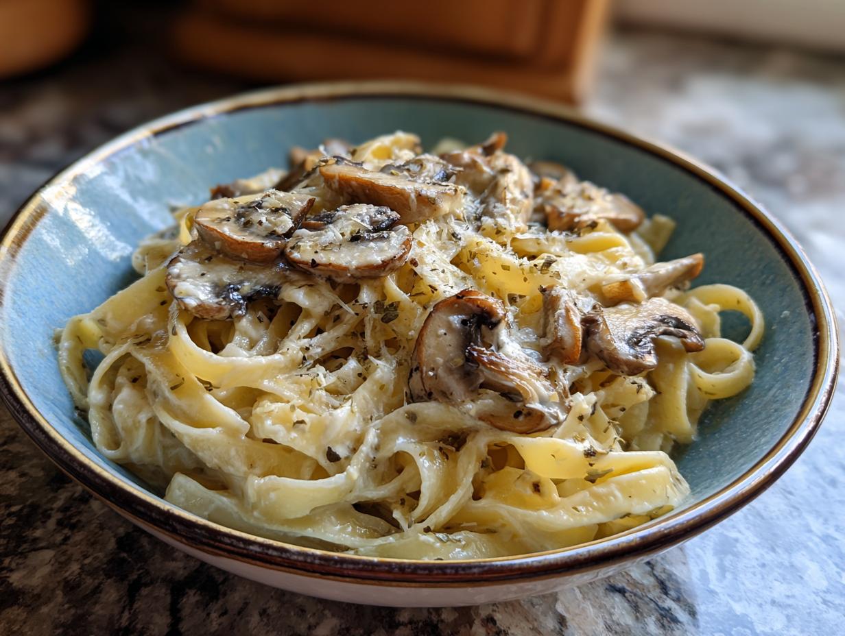 A bowl of fettuccine Alfredo pasta topped with sliced mushrooms and grated cheese, featuring the best roasted garlic alfredo.
