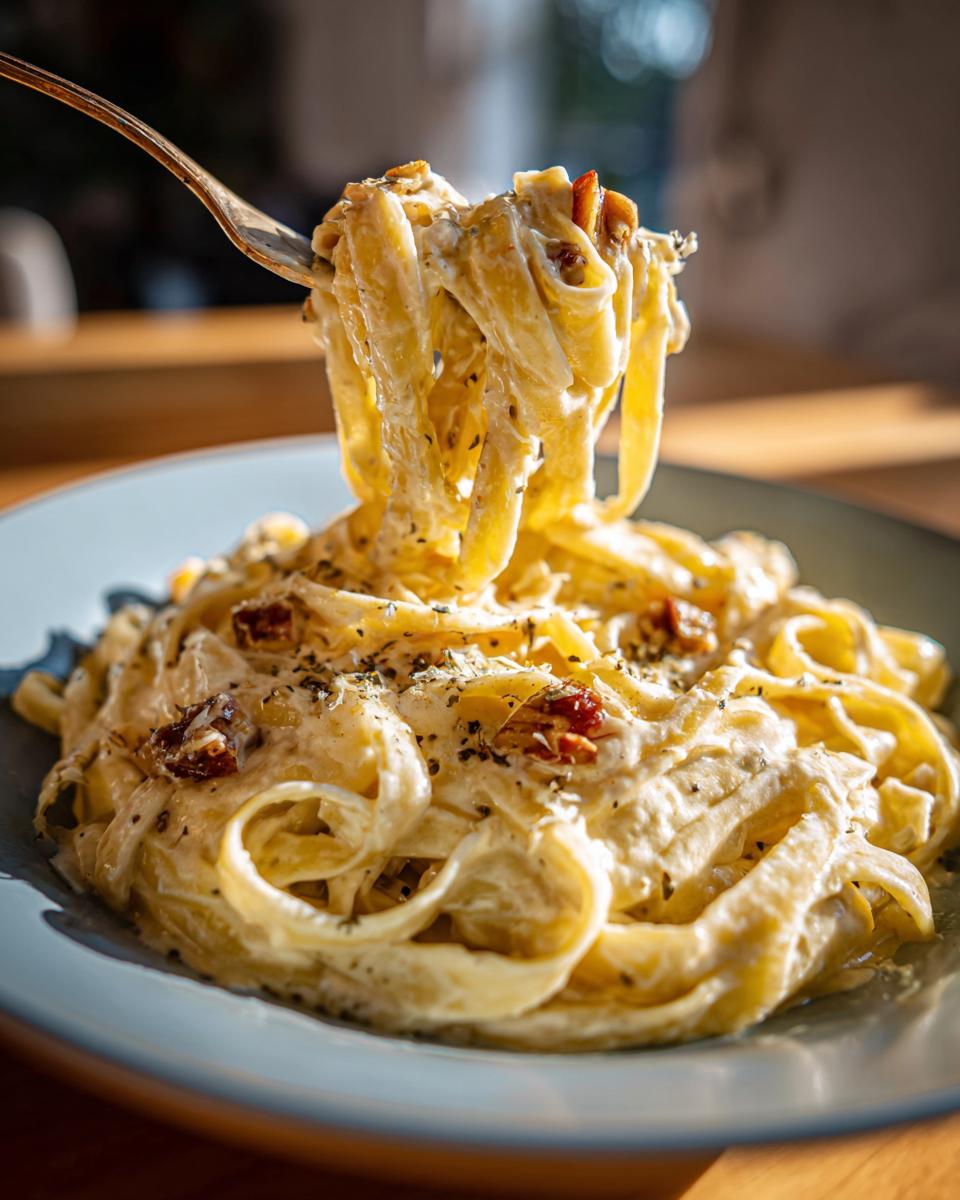 A fork lifts a swirl of fettuccine pasta coated in creamy Roasted Garlic Alfredo sauce, with sun-dried tomatoes and herbs.