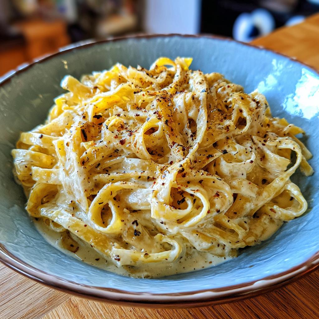 A close-up shot of creamy fettuccine pasta coated in a rich roasted garlic alfredo sauce, seasoned with red pepper flakes.