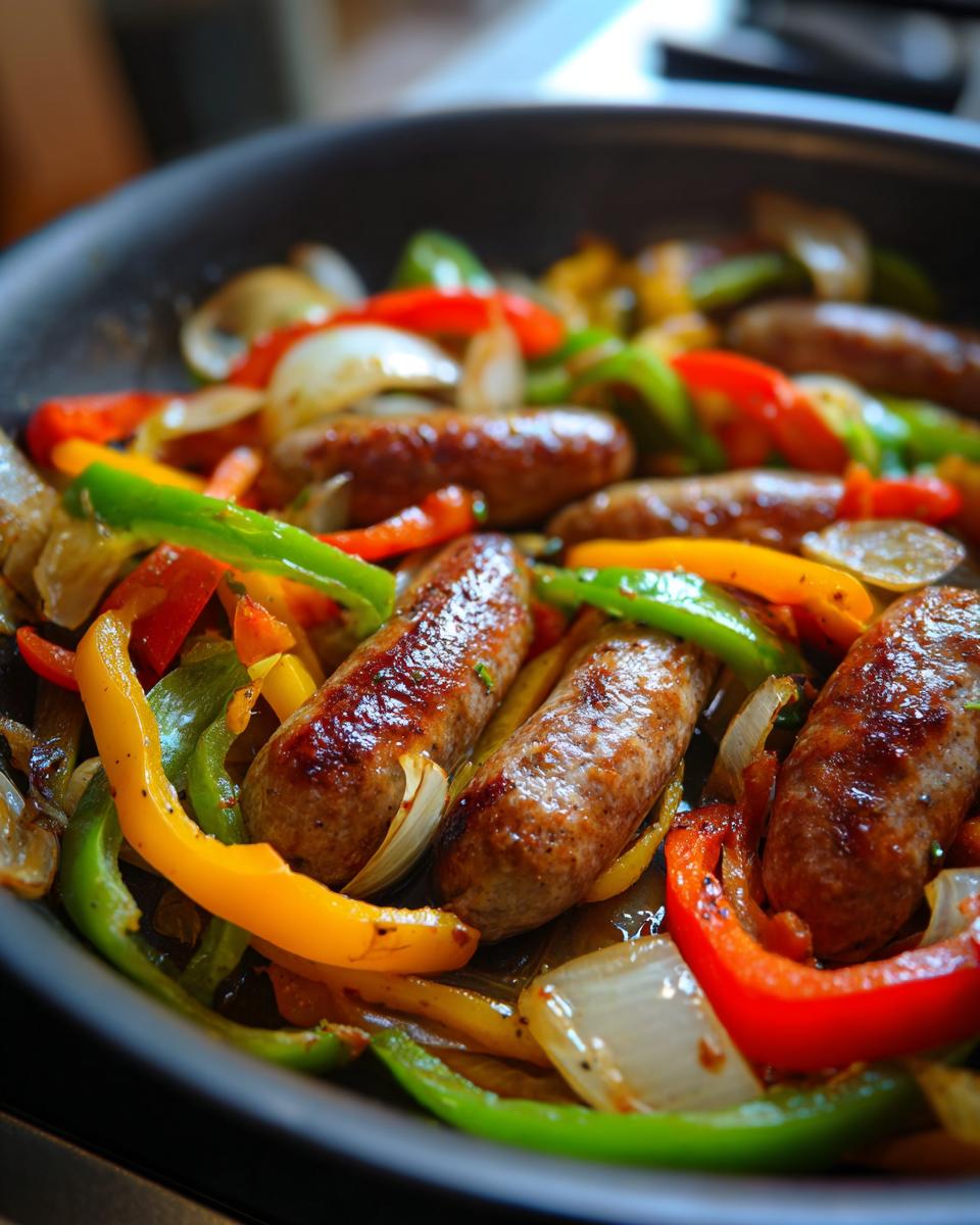 Sausage and peppers cooking in a pan, a delicious and easy dinner recipe.