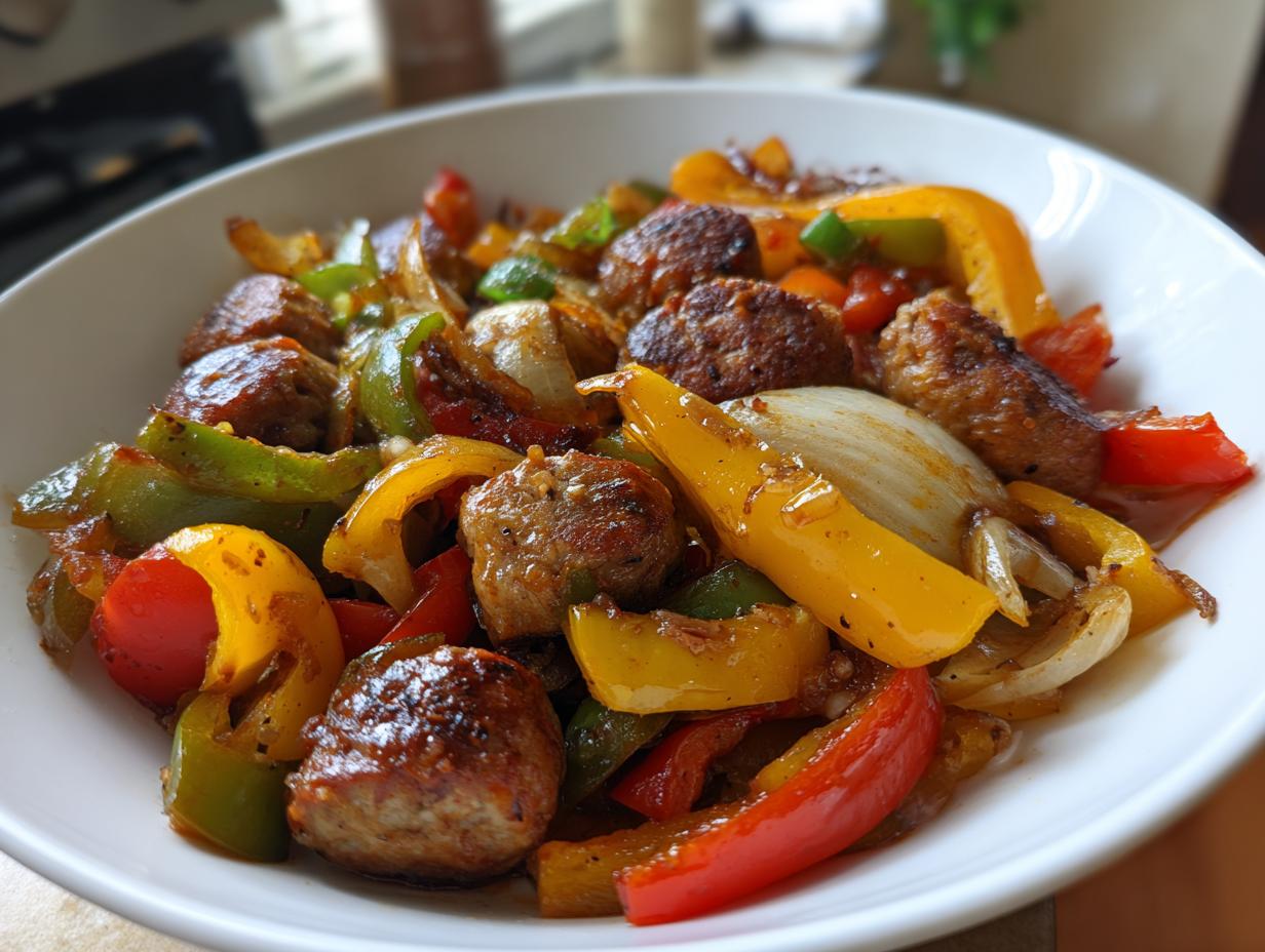 A bowl of sausage and peppers, showcasing colorful bell peppers and savory sausage, a perfect example of easy dinner recipes.