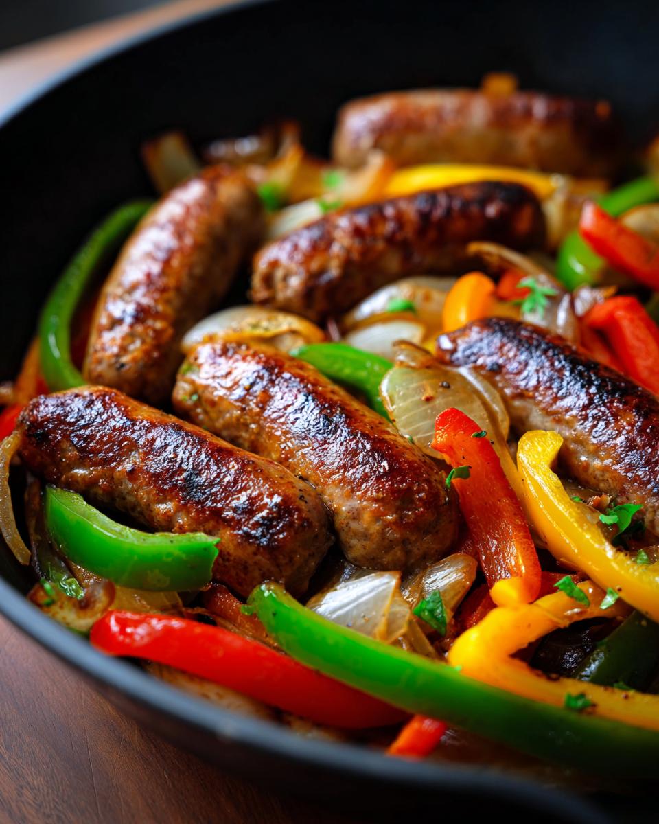 Close-up of sausage and peppers cooked in a skillet, a perfect easy dinner recipe.