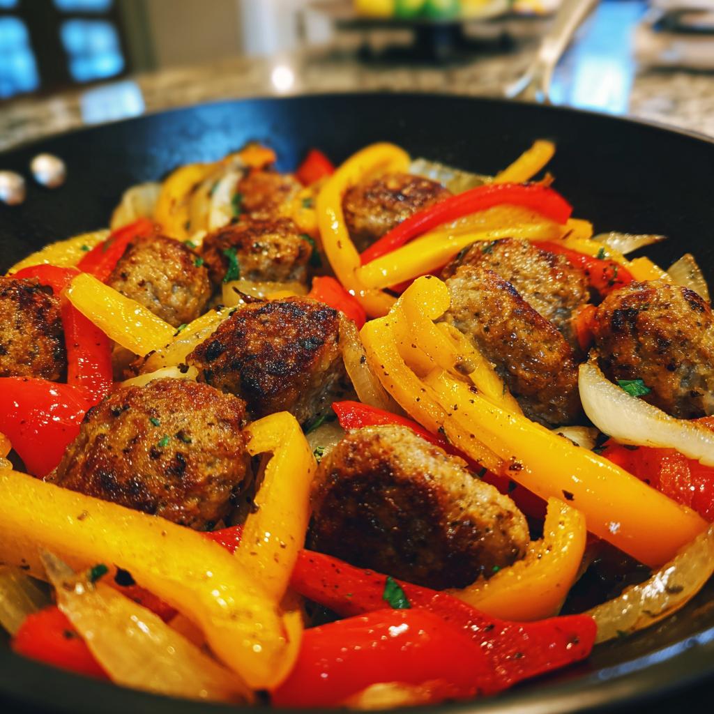 Close-up of sausage and peppers cooked in a skillet, part of an easy dinner recipe.