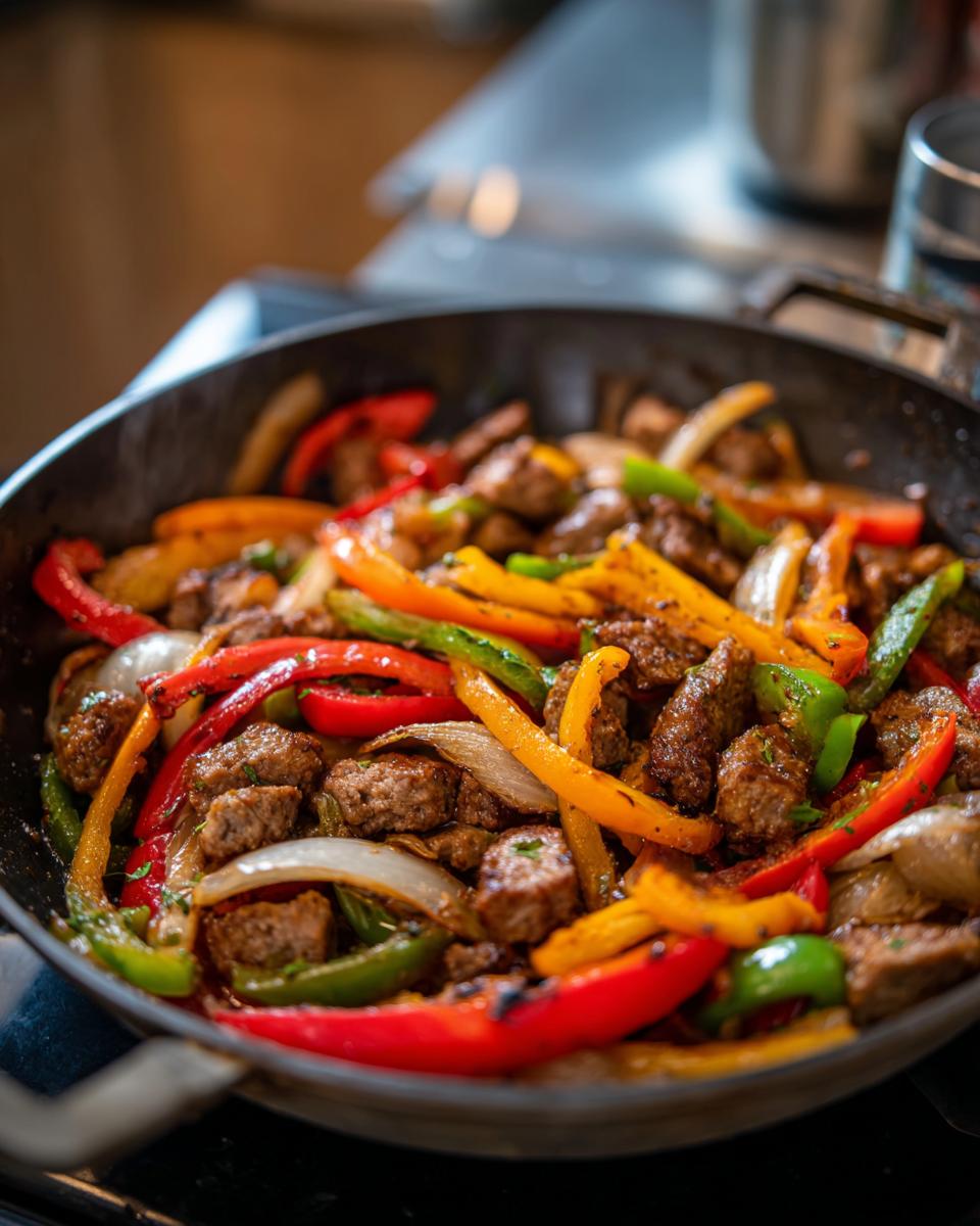 Close-up of sausage and peppers cooking in a skillet, a perfect example of easy dinner recipes.