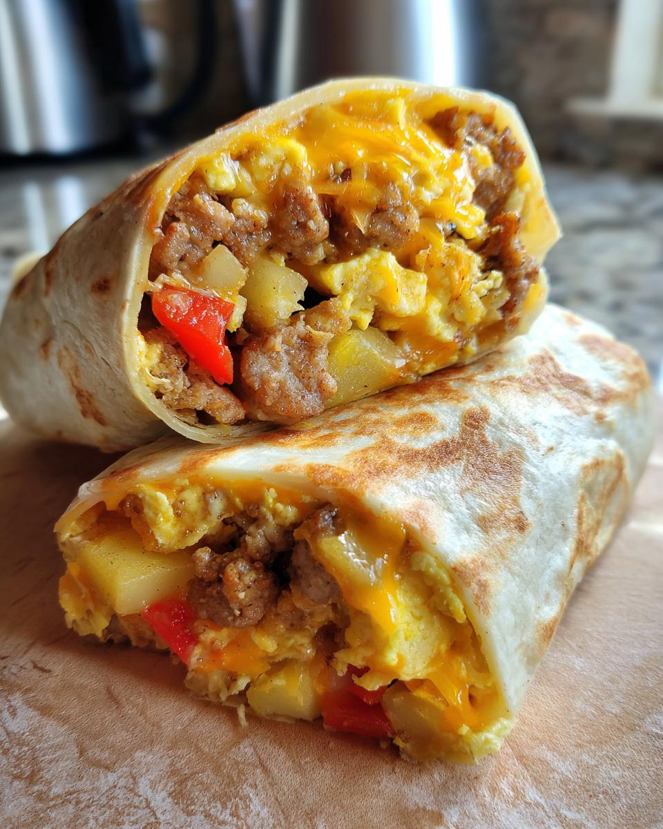 Close-up of a sausage breakfast burrito cut in half, revealing scrambled eggs, sausage, potatoes, bell peppers, and melted cheddar cheese.