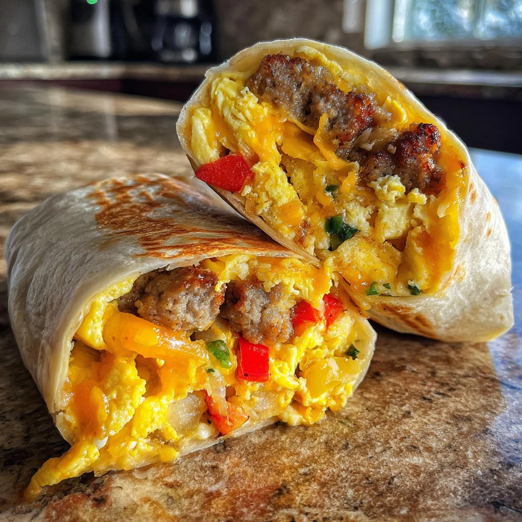 Close-up of a sausage breakfast burrito cut in half, revealing scrambled eggs, sausage, cheese, and peppers.