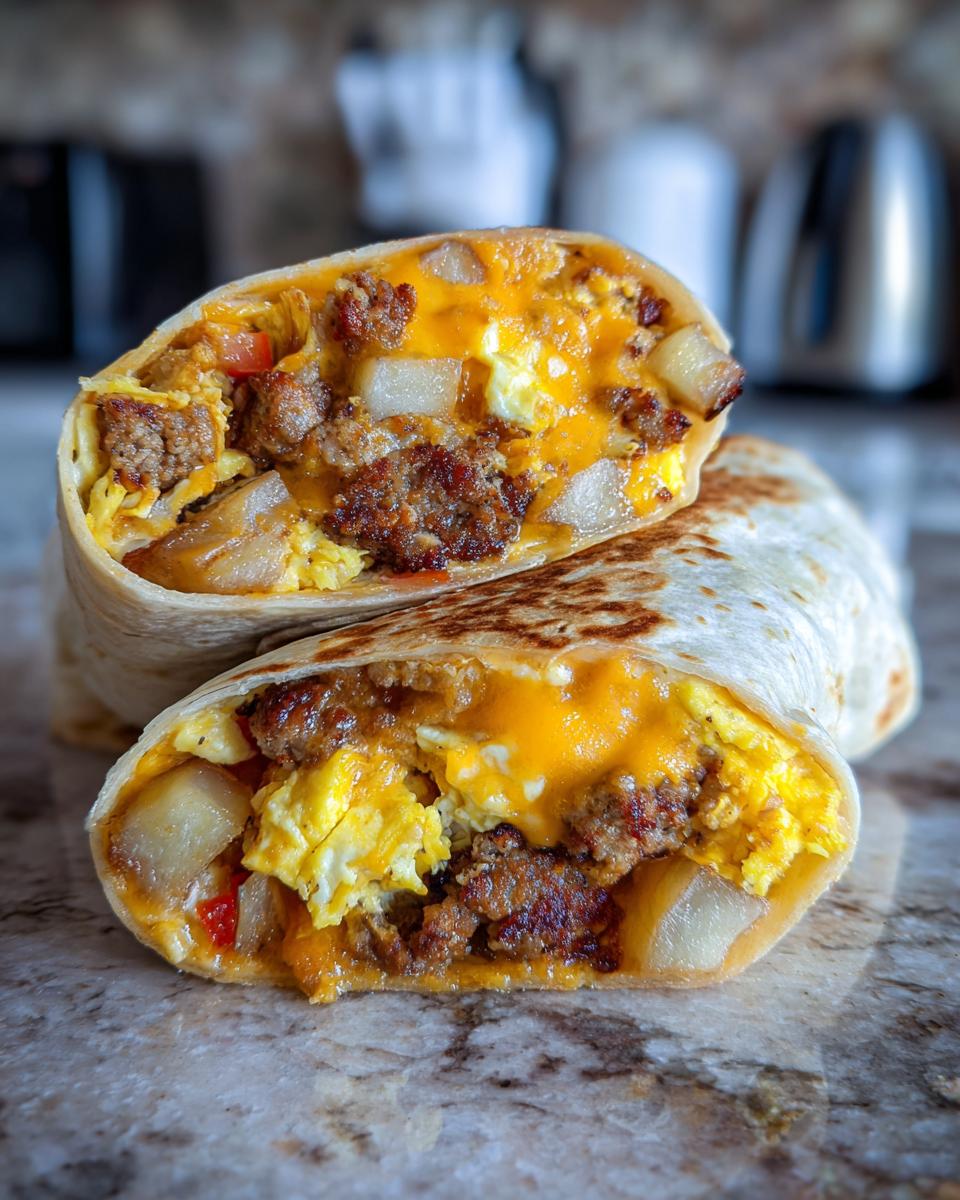 Close-up of a sausage breakfast burrito cut in half, showing scrambled eggs, sausage crumbles, potatoes, and melted cheese.